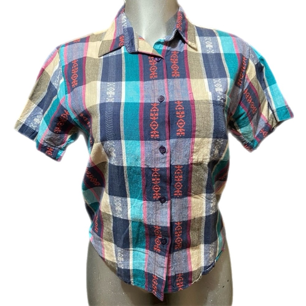 Vintage SORREL Plaid Shirt Southwestern Vibrant Teal/Pink Short Sleeve Sz Small